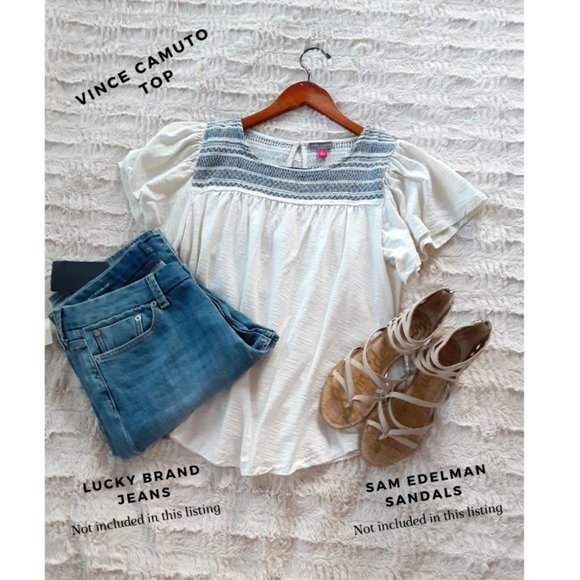 Vince Camuto Flutter Sleeve Peasant Top Size L Boho Chic Embroidered Cotton - Picture 4 of 9